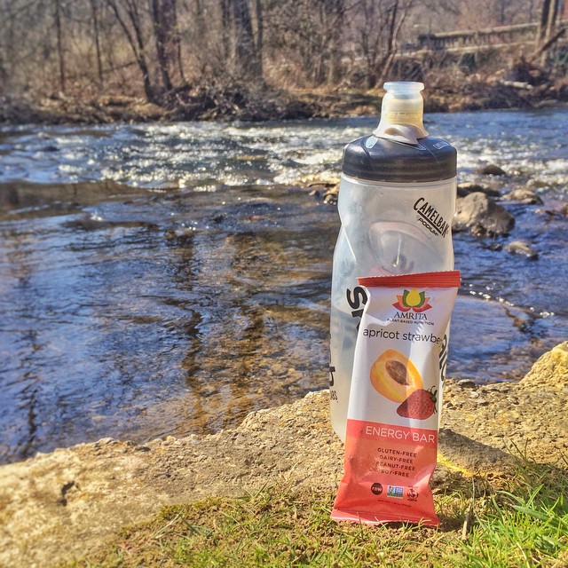 Lehigh Parkway Run April 12 2015 - Post-run recovery streamside with an Amrita Bar